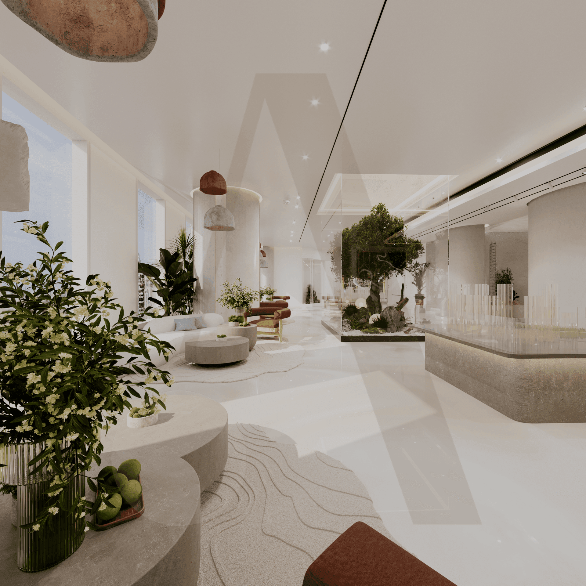 An Amalya residential interior — natural light across textured stone and warm timber.